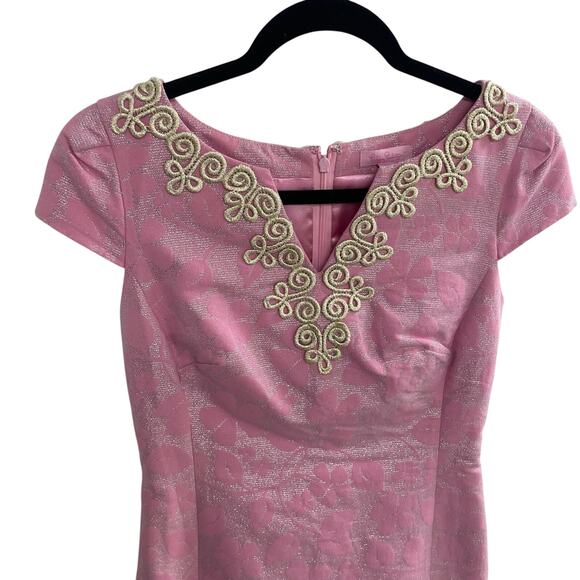 Lilly Pulitzer Annie Dress Pink Metallic Floral Jacquard Cap Sleeves Womens 0 - Picture 2 of 6